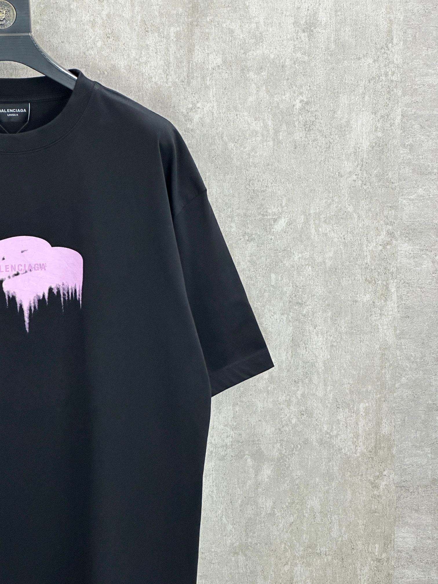 Balenciaga black crewneck T-shirt with partial purple dripping graphic