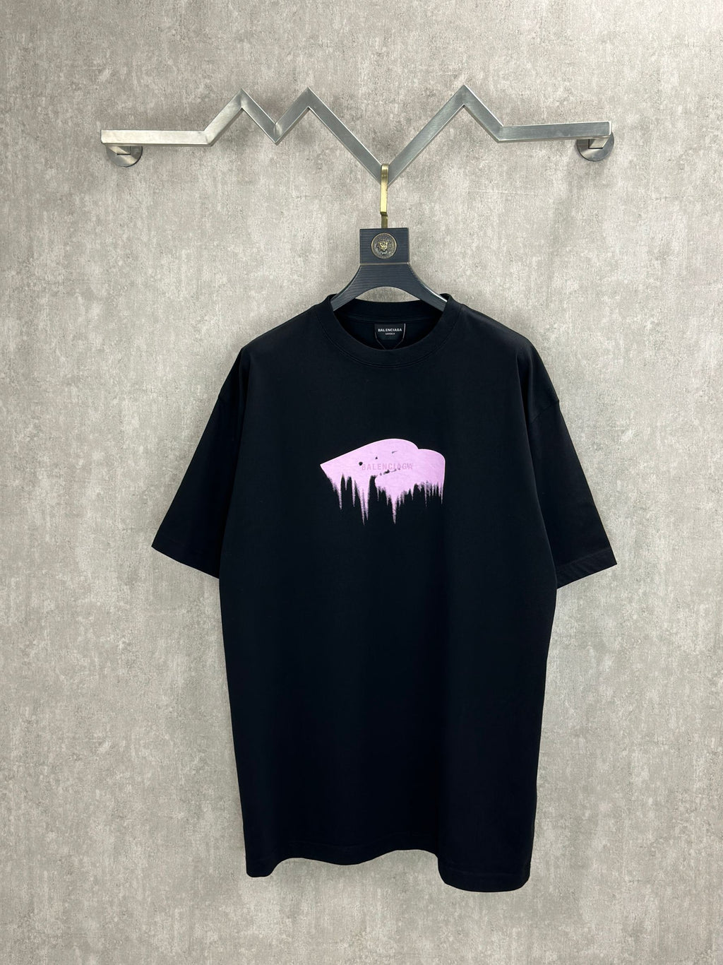 Balenciaga black crewneck T-shirt with purple dripping graphic on chest