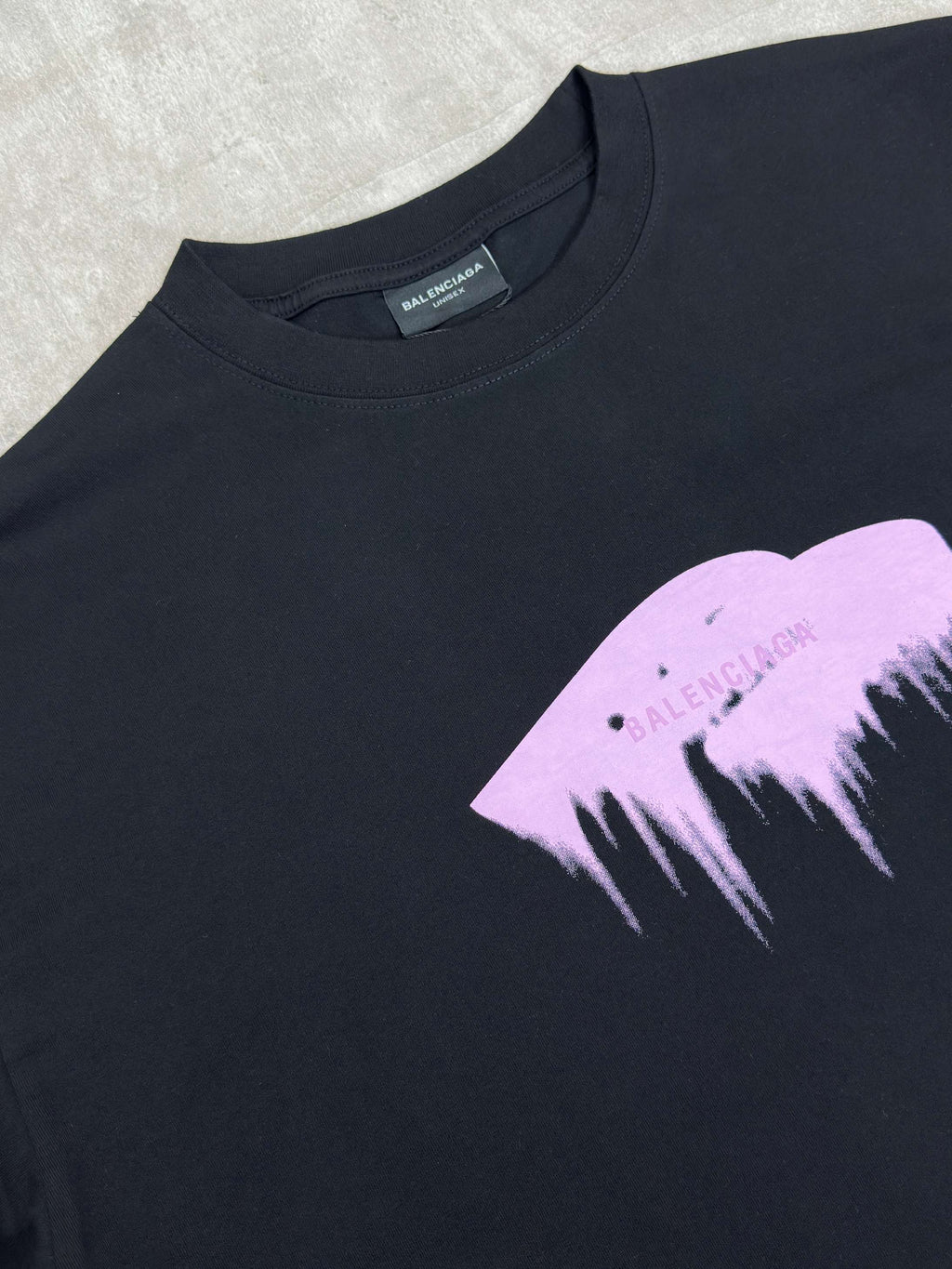 Balenciaga black crewneck T-shirt with purple drips graphic and logo text