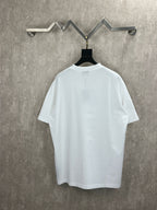 White T-shirt with crew neck, plain back, hanging on a black tag
