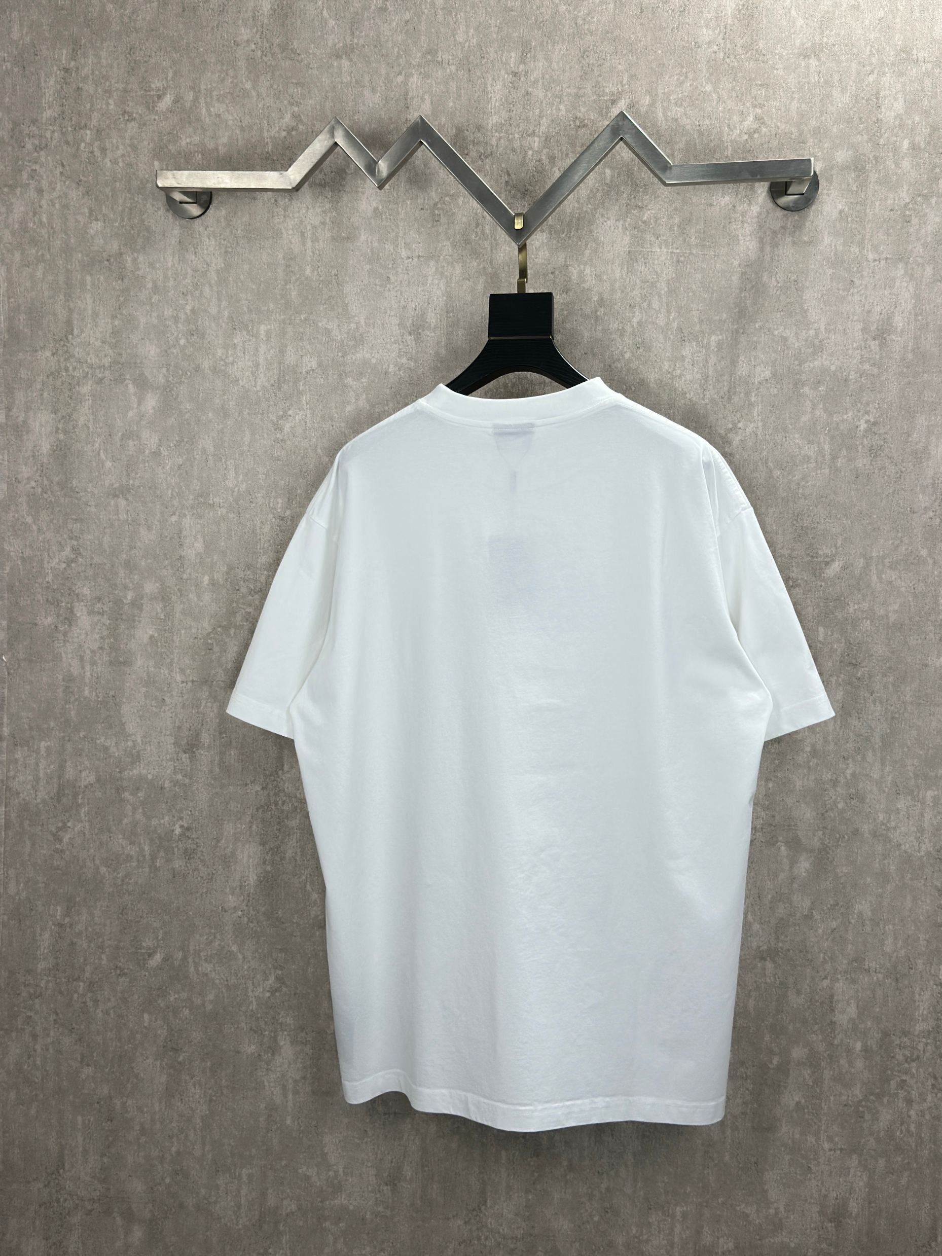 White T-shirt with crew neck, plain back, hanging on a black tag