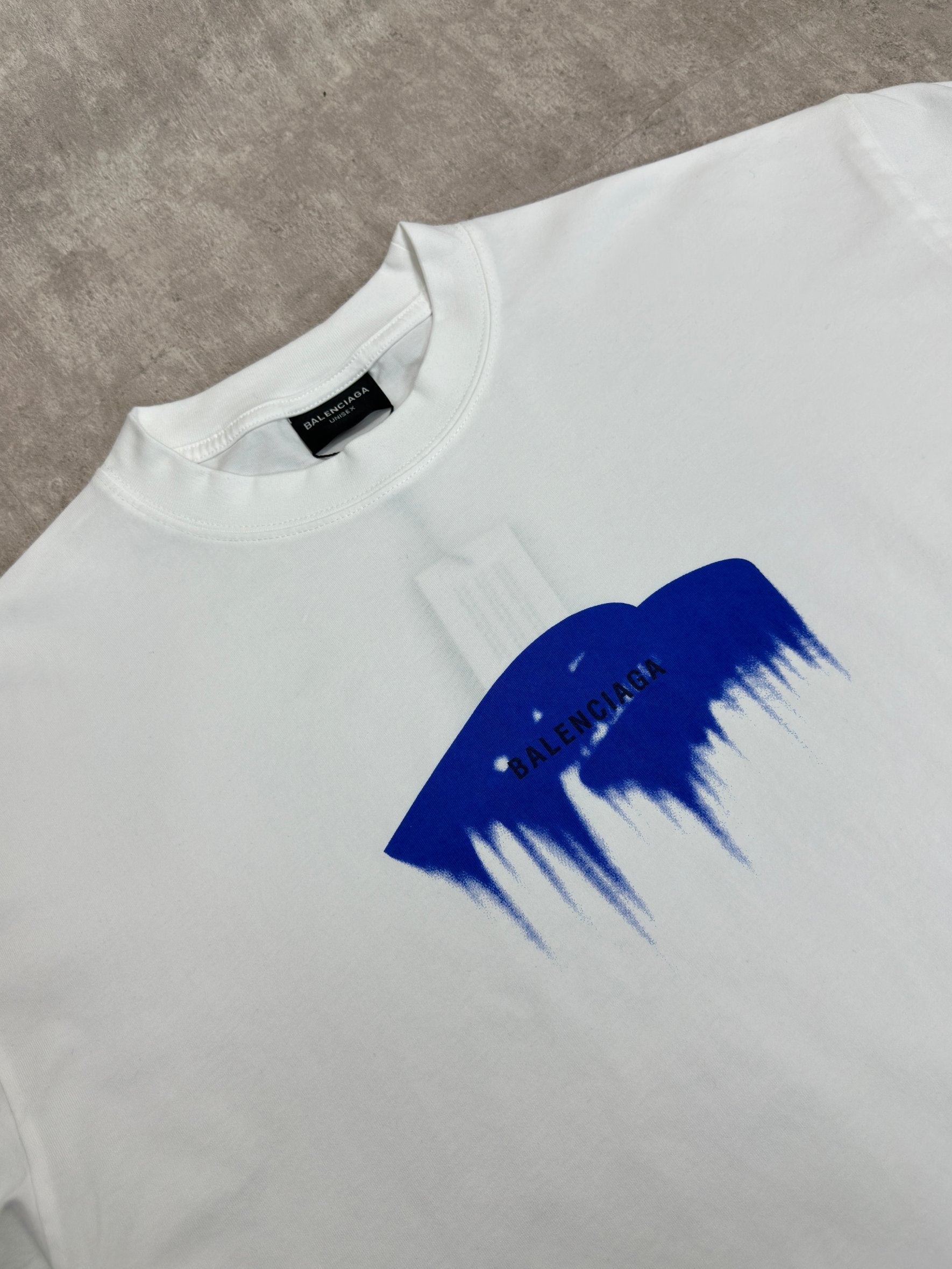 White T-shirt with Balenciaga logo and blue paint graphic, crew neck