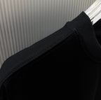 Black short-sleeve T-shirt sleeve cuff and shoulder seam close-up
