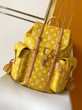 Louis Vuitton yellow monogram tote bag with brown leather handles and zip closure