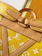 Louis Vuitton yellow monogram satchel with brown strap, buckle, and stitched leather trim