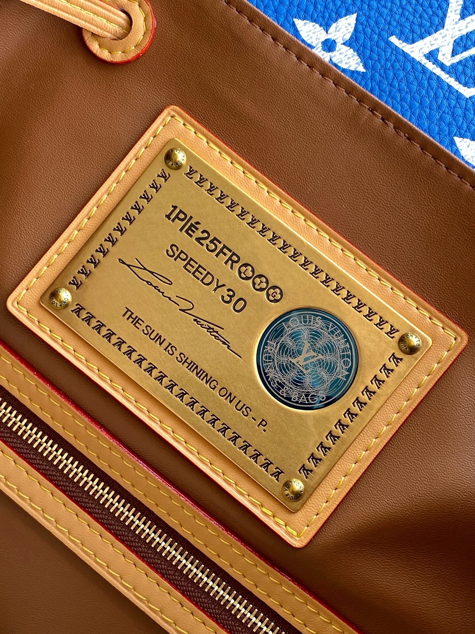 Louis Vuitton bag gold-tone nameplate on brown leather interior, stitched trim detail