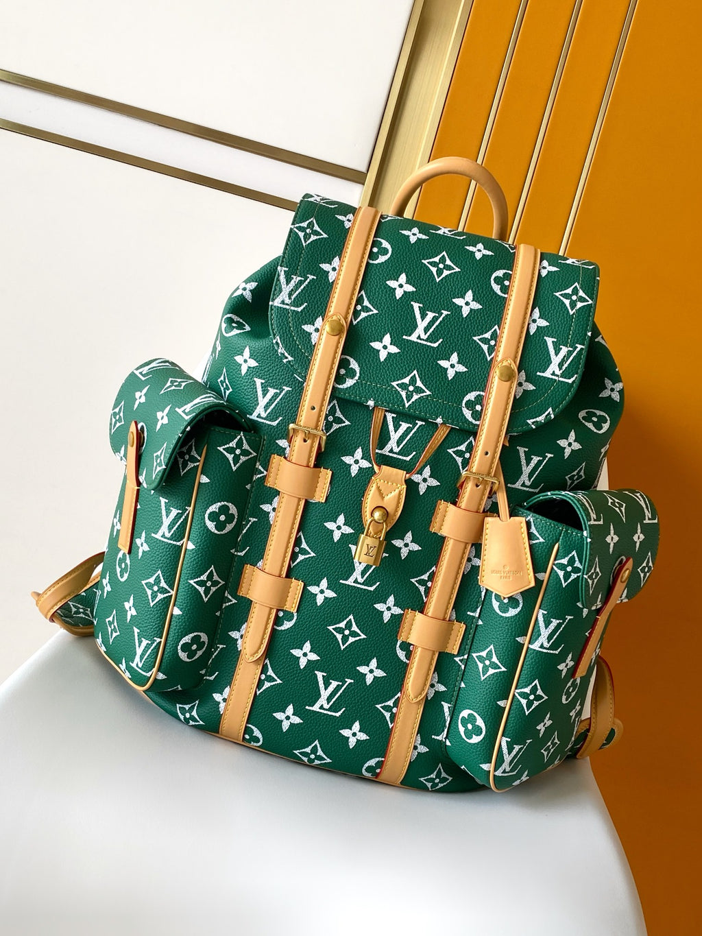 Louis Vuitton green monogram handbag with tan leather trim and top handles