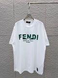 White Fendi short-sleeve T-shirt with green FENDI logo and 'Made in Italy' print