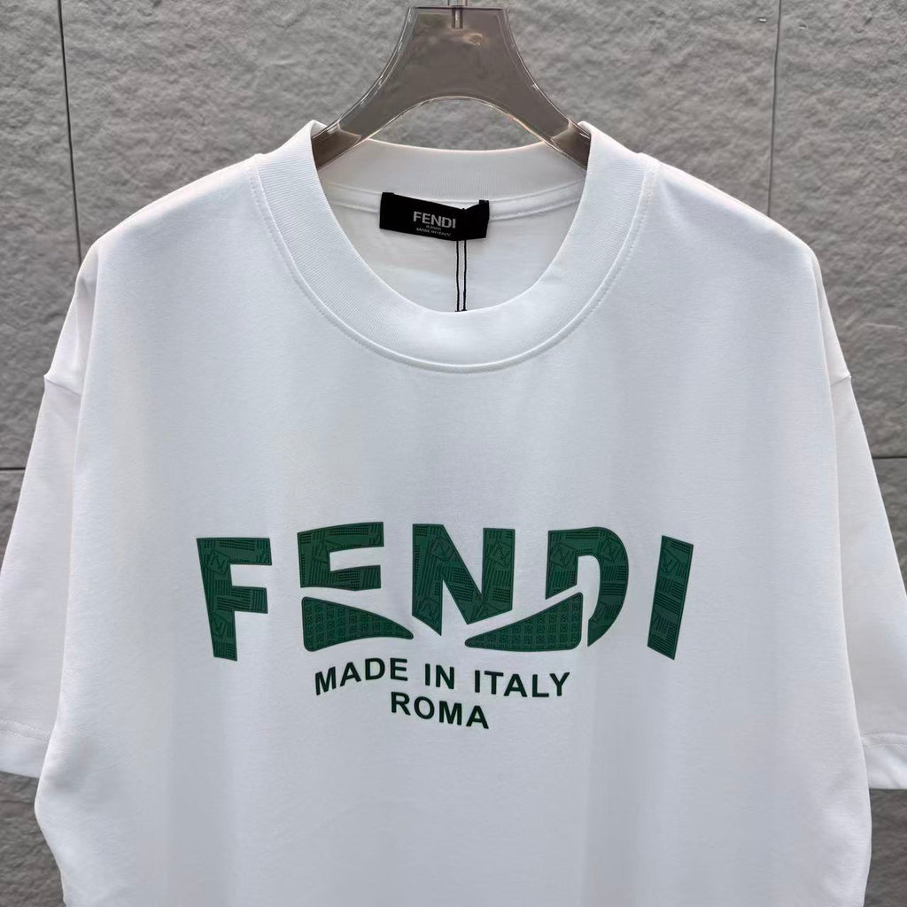 White crewneck T-shirt with large green FENDI logo and 'Made in Italy, Roma' text