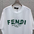 White crewneck T-shirt with large green FENDI logo and 'Made in Italy, Roma' text