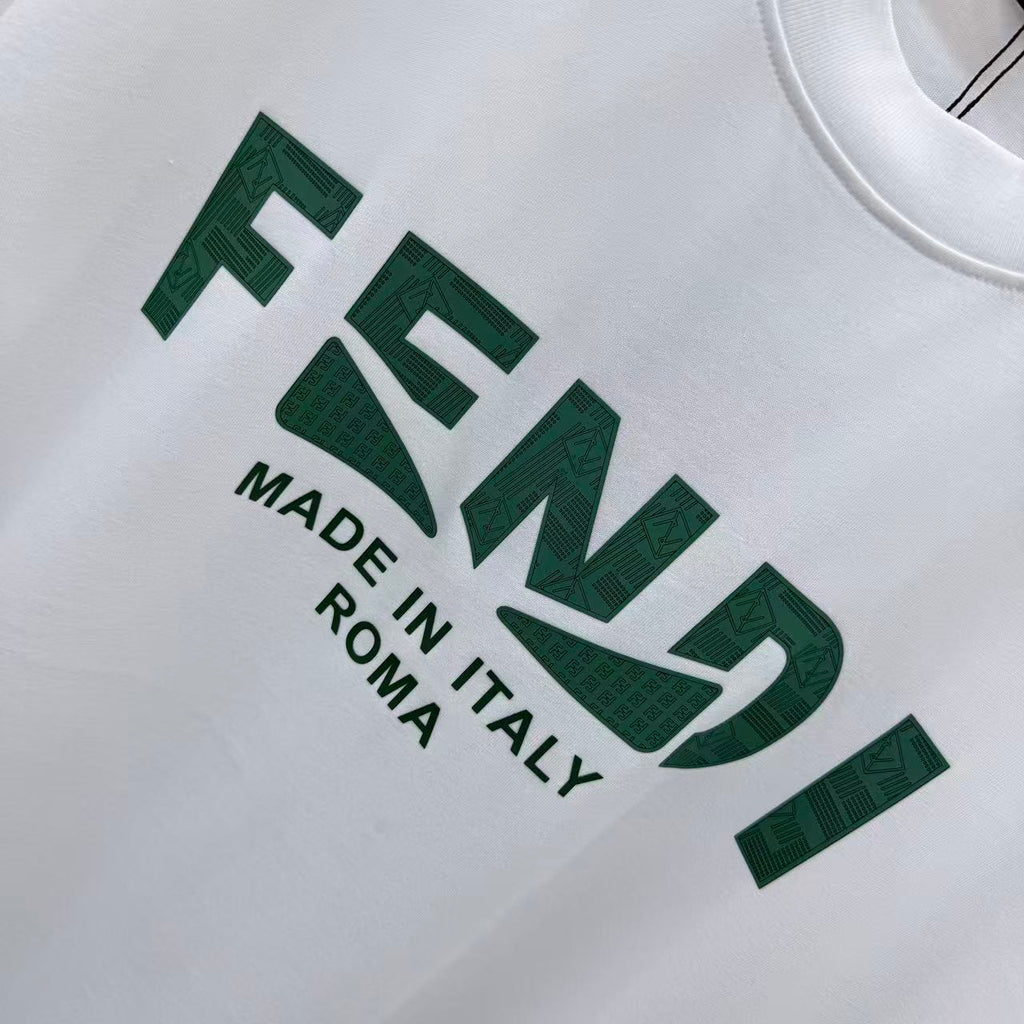 White T-shirt with green FENDI lettering and 'Made in Italy, Roma' print