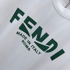 White T-shirt with green FENDI lettering and 'Made in Italy, Roma' print