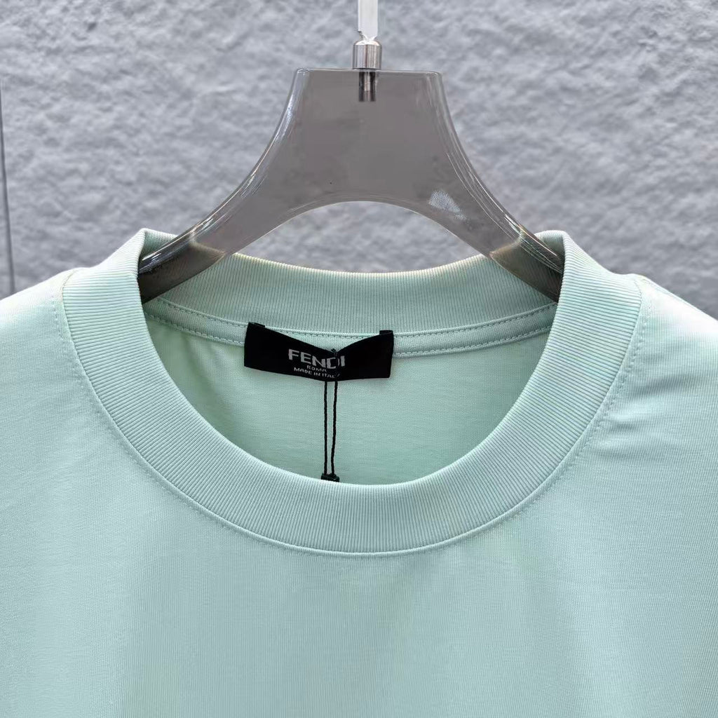 Mint green Fendi crewneck T-shirt neckline with black logo tag