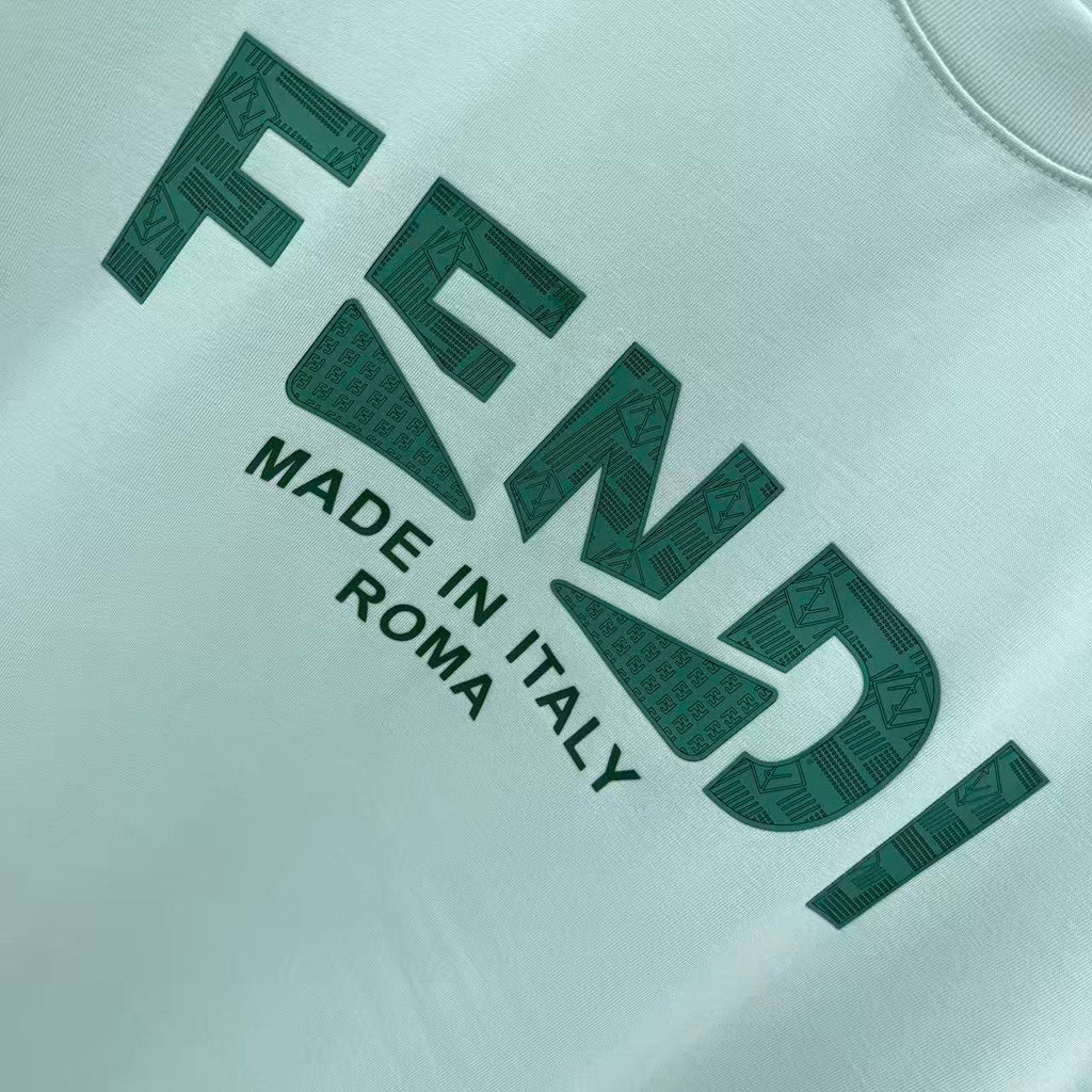 Mint green FENDI text logo and “Made in Italy Roma” print on T-shirt