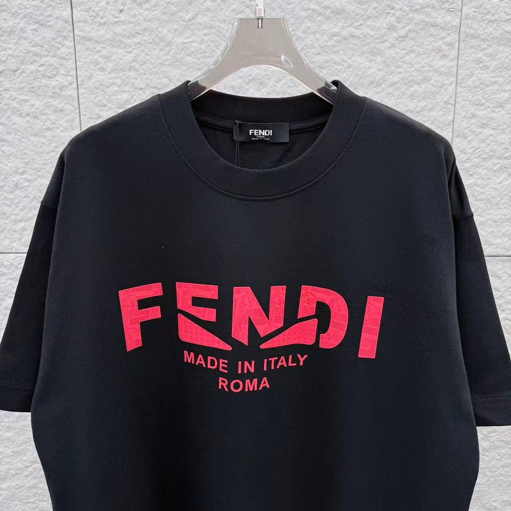 Fendi T-shirt with red FENDI logo and Made in Italy Roma text on chest