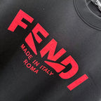 Fendi T-shirt chest print: red FENDI letters and Made in Italy Roma