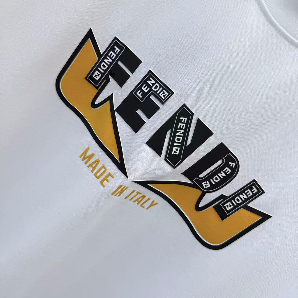 White Fendi short-sleeve T-shirt close-up of multicolor logo and “Made in Italy”