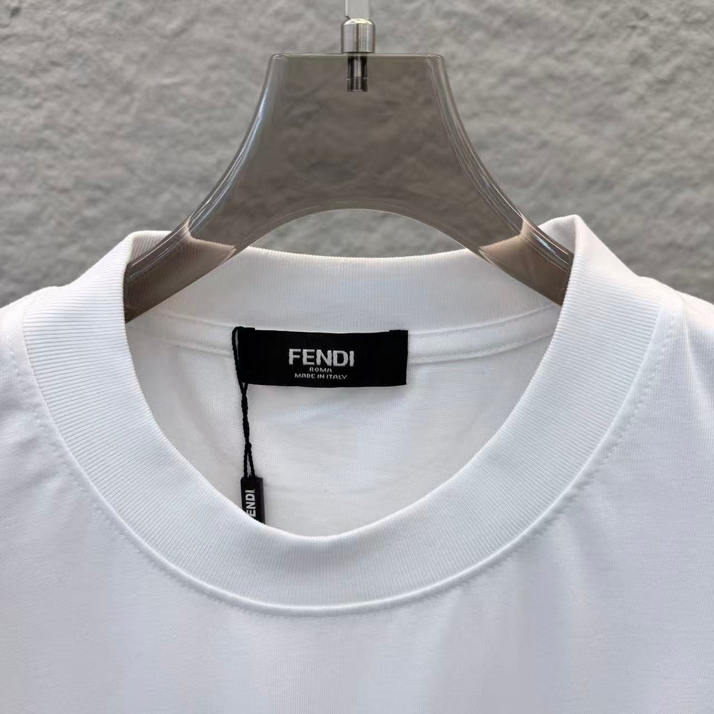 White Fendi short-sleeve T-shirt neckline with black brand label inside collar