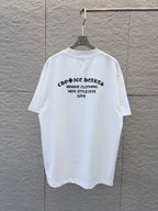 White short-sleeve T-shirt with centered black text print and small logo