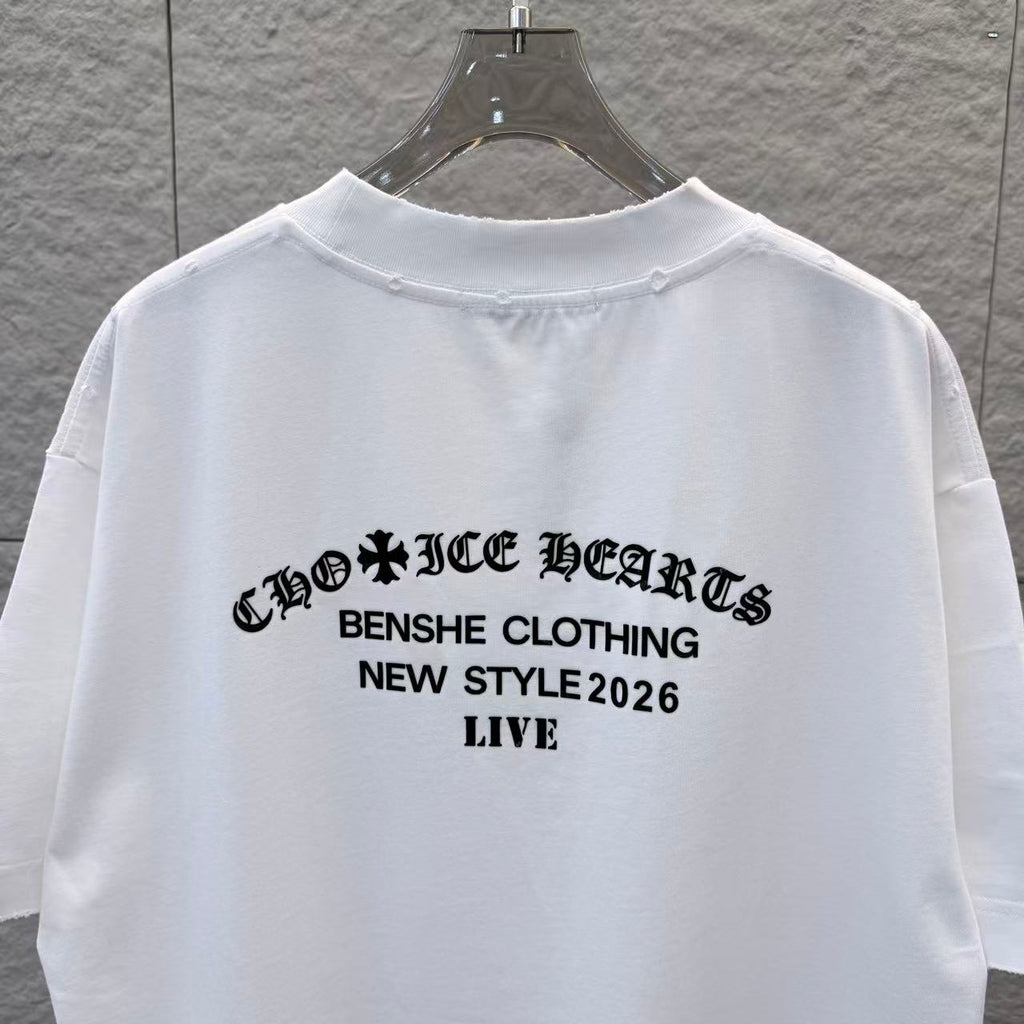 White T-shirt with large black back text print and logo, style 2026 LIVE