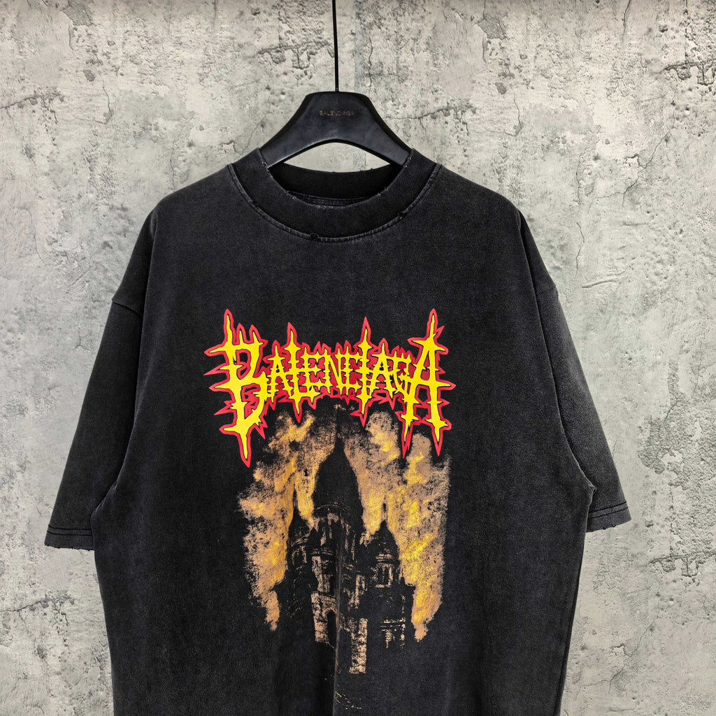 Black graphic T-shirt with red/yellow cathedral graphic and text
