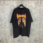 Black graphic T-shirt with red/yellow cathedral front print