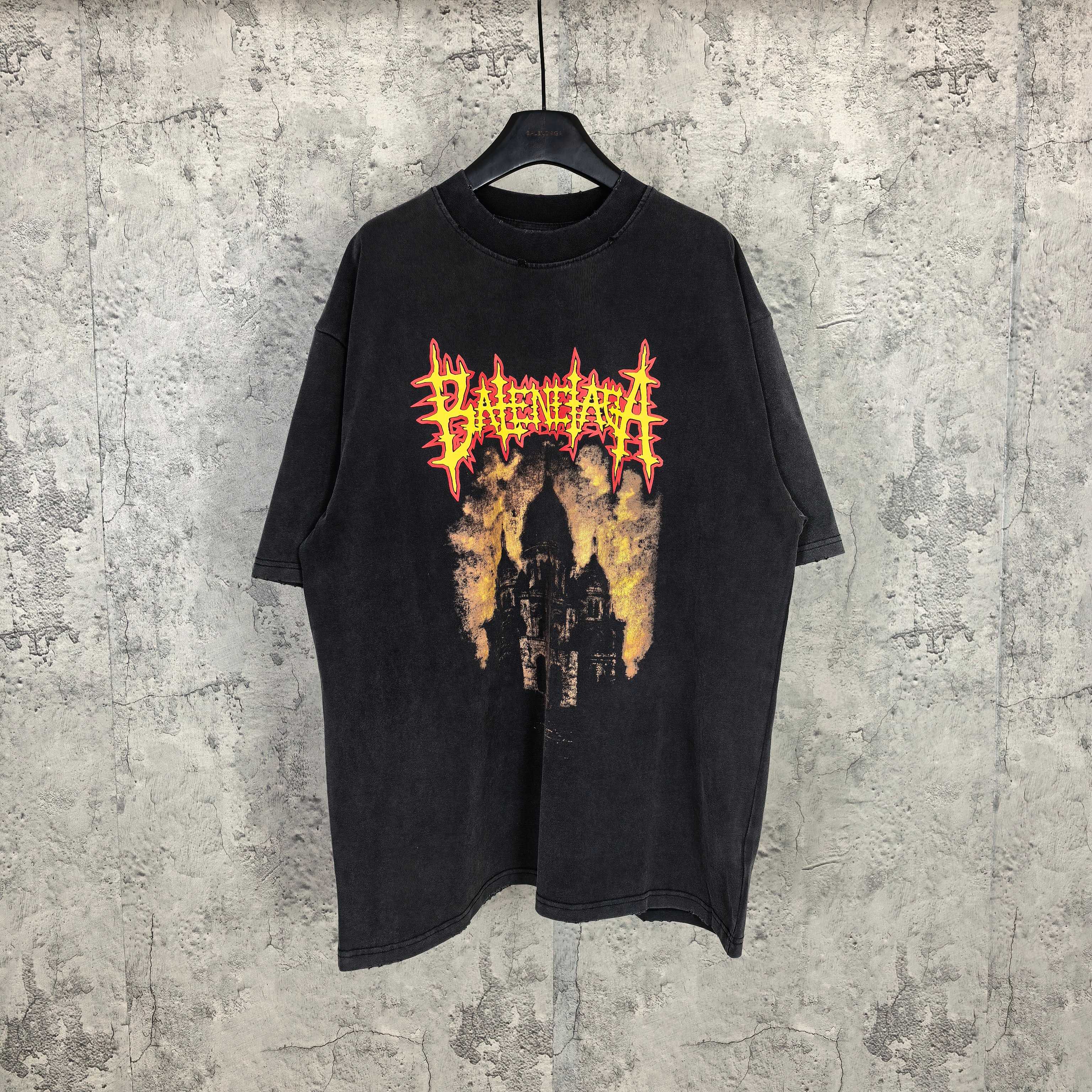 Black graphic T-shirt with red/yellow cathedral front print