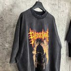Black graphic T-shirt with red/yellow cathedral graphic on the chest