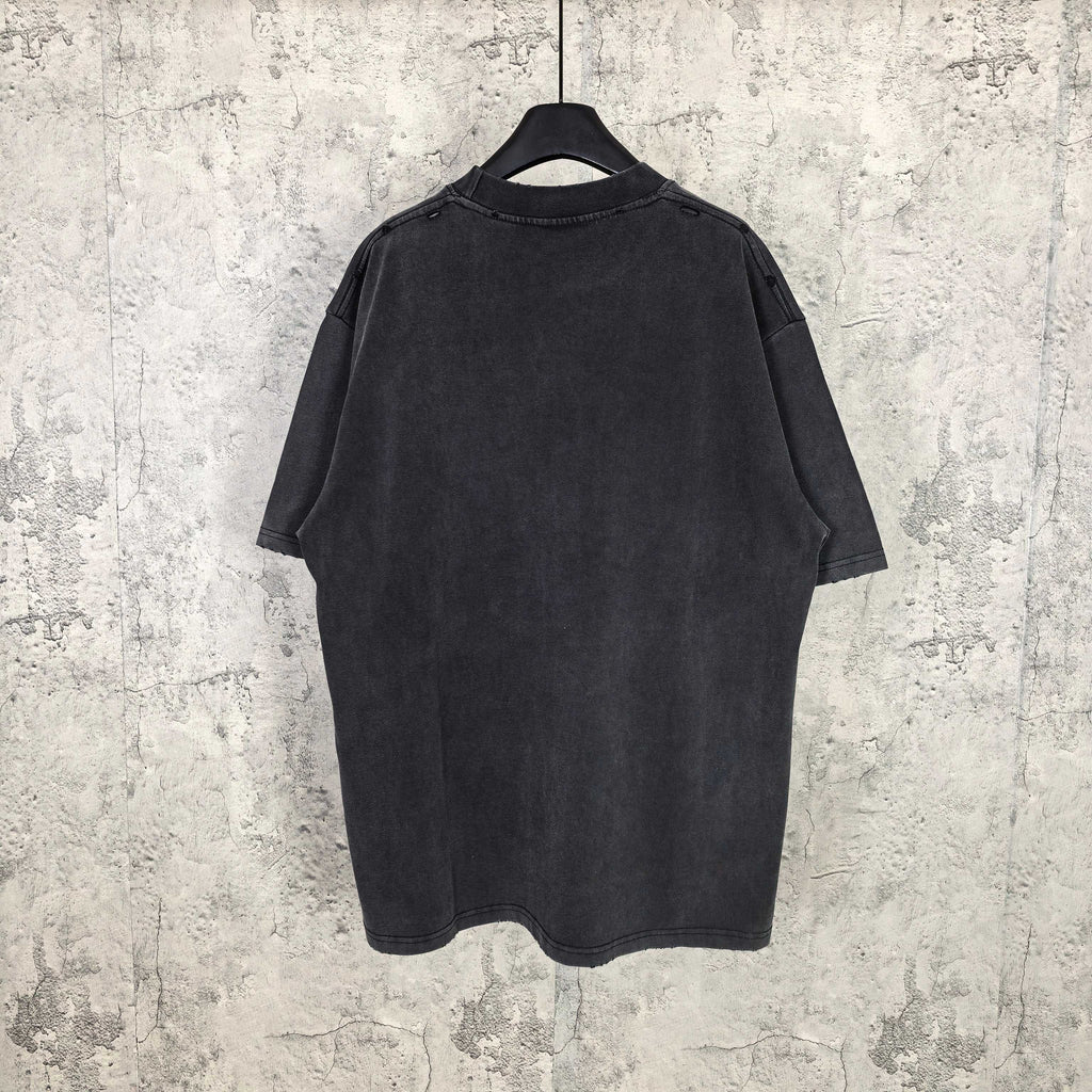 Black graphic T-shirt back view on hanger, plain