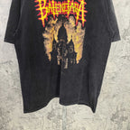 Black graphic T-shirt front with red/yellow cathedral print near hem