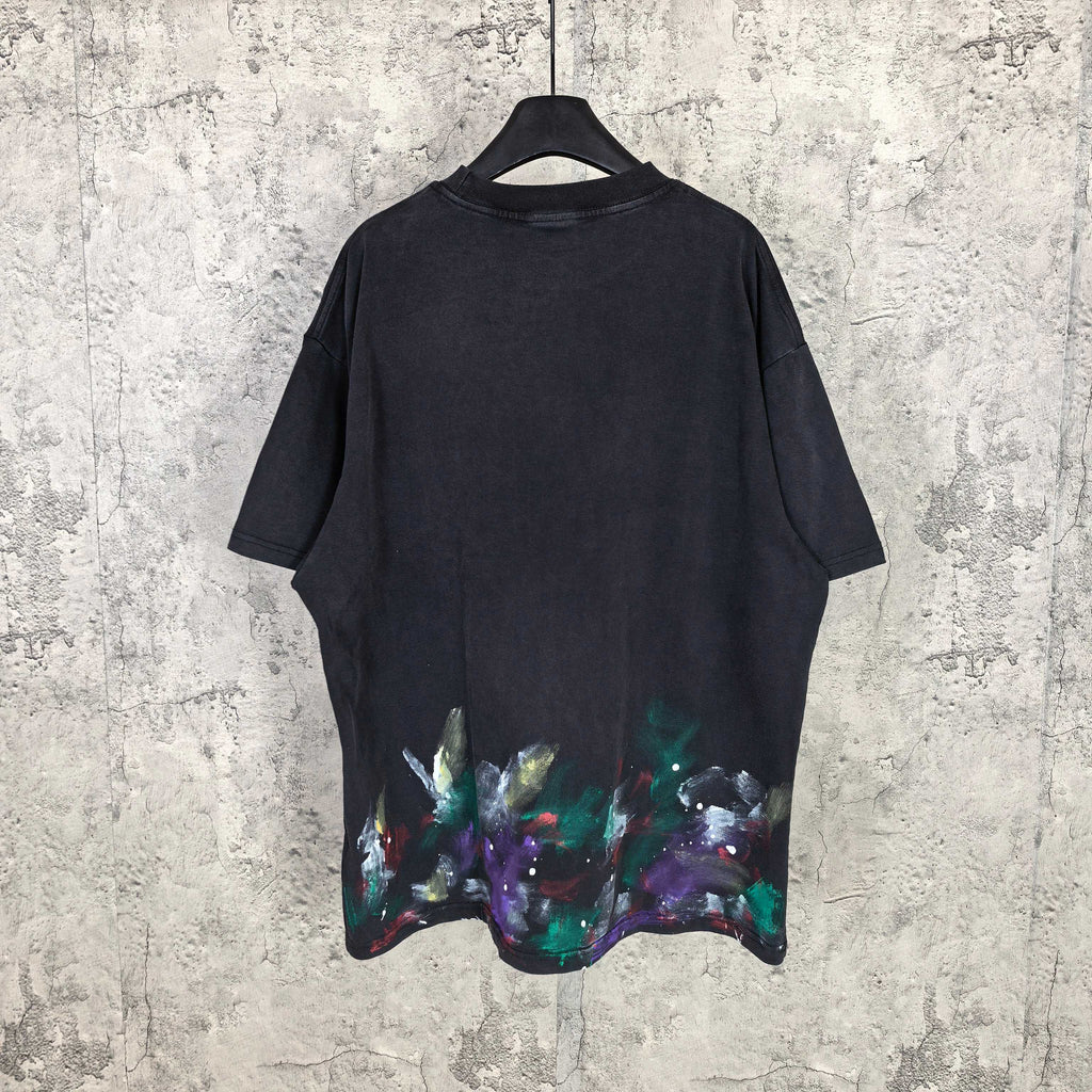 Balenciaga short-sleeve T-shirt back, black with colorful abstract paint print near hem