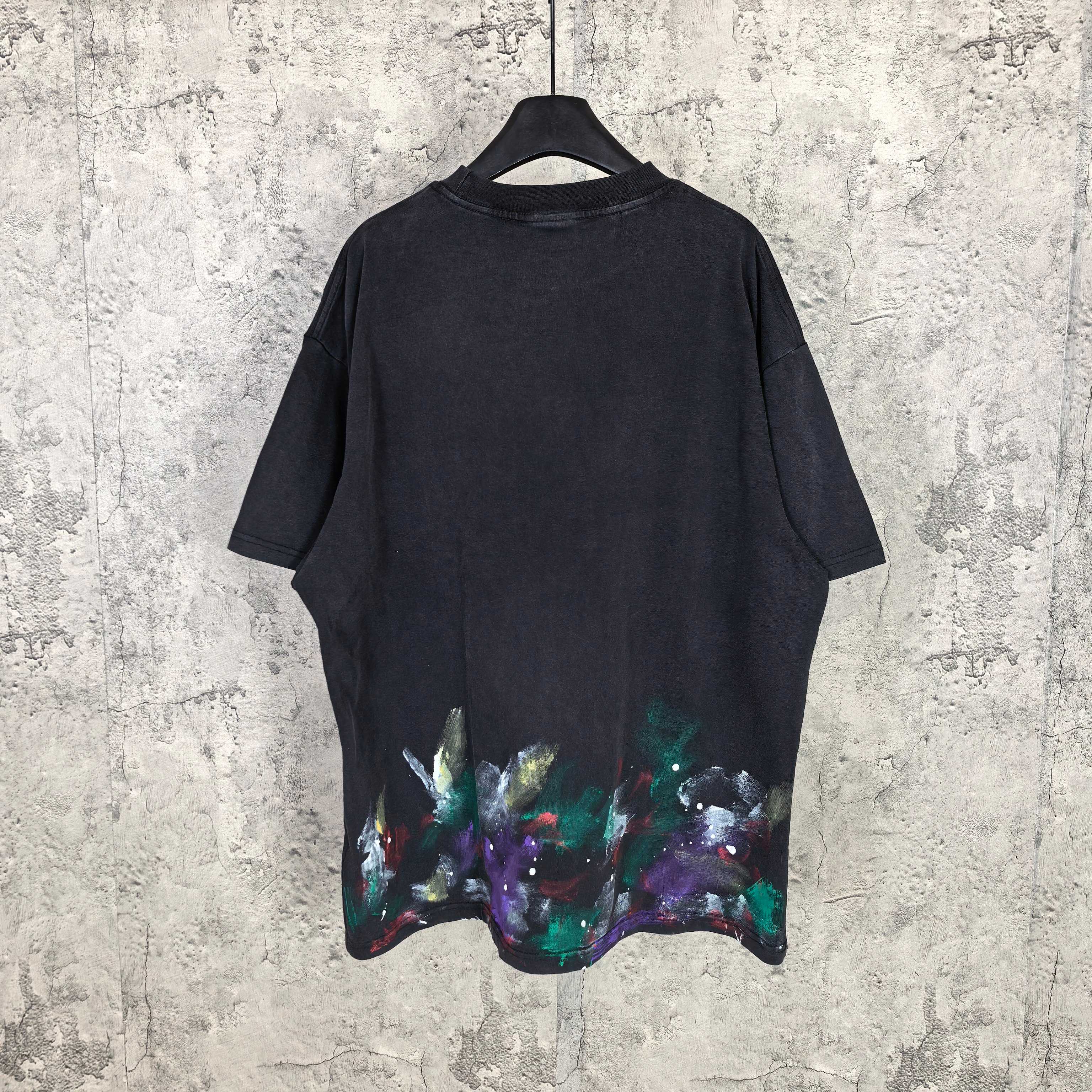 Balenciaga short-sleeve T-shirt back, black with colorful abstract paint print near hem