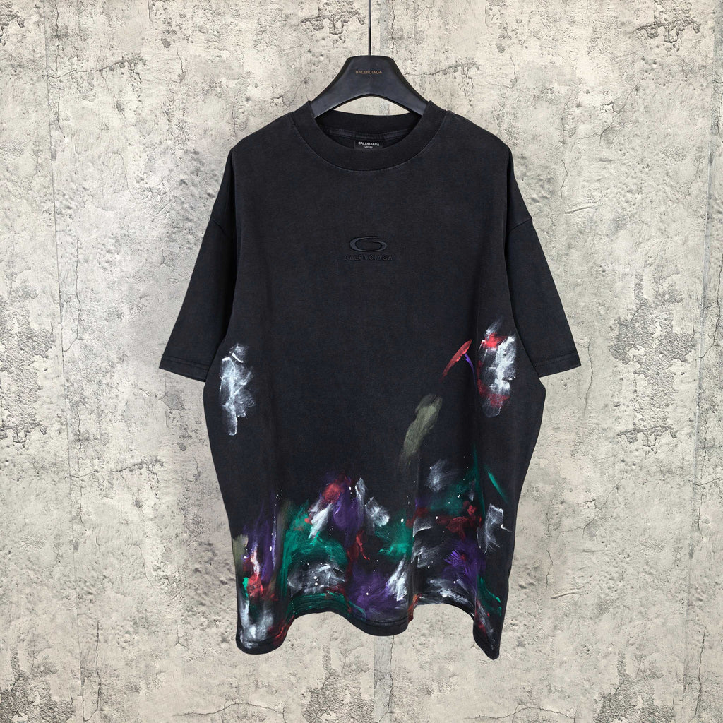 Balenciaga short-sleeve T-shirt, black with colorful abstract paint print on lower half