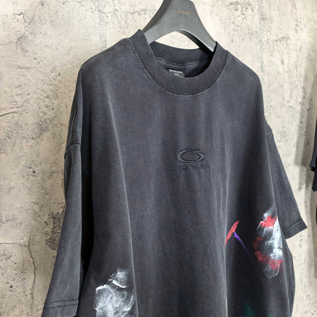 Balenciaga short-sleeve T-shirt, dark gray-black with chest logo and right-side paint print