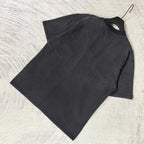 Black short-sleeve T-shirt laid flat, crew neck and short sleeves.