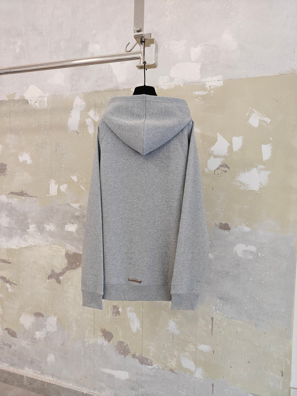 Light gray zip hoodie with hood and back view