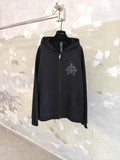 Dark zip-up hoodie with attached hood and front full-length zipper