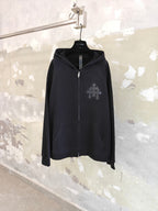 Dark zip-up hoodie with attached hood and front full-length zipper