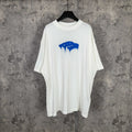 White short-sleeve T-shirt with blue drip graphic on the chest