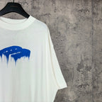 White short-sleeve T-shirt with blue drip graphic on the left chest