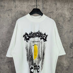 Balenciaga white graphic T-shirt front view with yellow center panel print