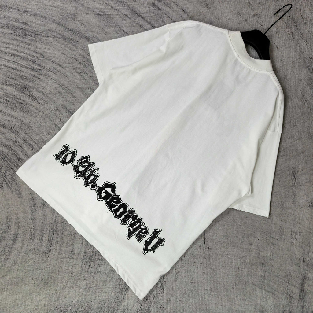 Balenciaga white graphic T-shirt, laid flat, diagonal front text print