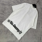 Balenciaga white graphic T-shirt, laid flat, diagonal front text print