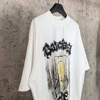 Balenciaga white T-shirt with central yellow panel and black gothic lettering