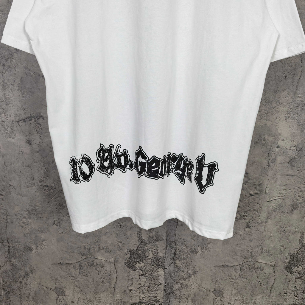 Balenciaga white graphic T-shirt back view with black stylized text at hem
