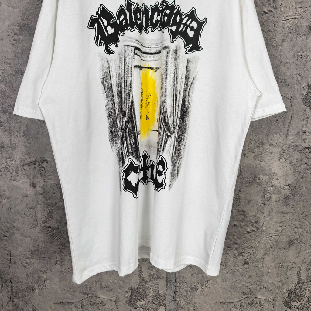 Balenciaga white graphic short-sleeve T-shirt, black print with yellow center