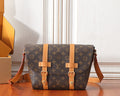 Louis Vuitton monogram crossbody bag with tan leather trim and adjustable strap