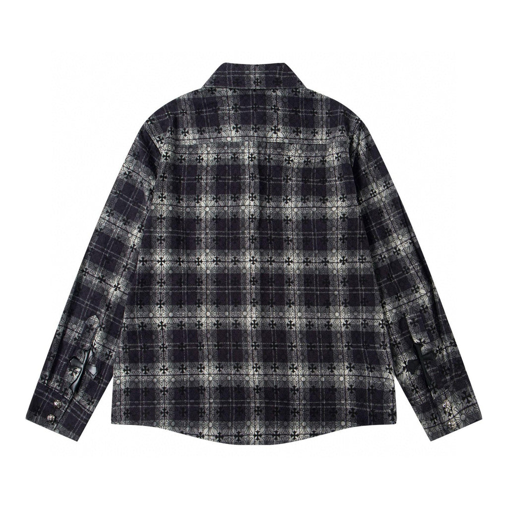 Long-sleeve button-up shirt in dark plaid with pointed collar, back view