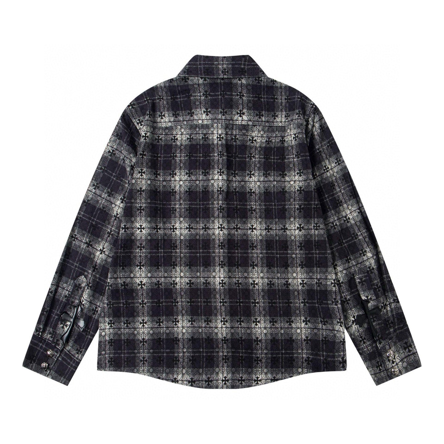 Long-sleeve button-up shirt in dark plaid with pointed collar, back view