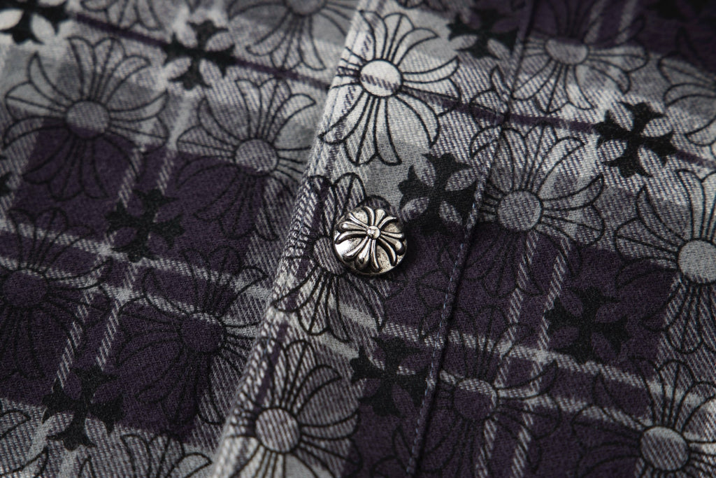 Floral and plaid long-sleeve shirt with decorative metal button on the placket